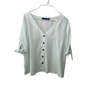 Apt. 9 Womens Button Front Top Blouse Tie Short Sleeve V-Neck Green Sz Large NWT